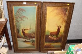 A PAIR OF LARGE FRAMED VINTAGE OIL PAINTINGS ON BOARD DEPICTING STAGS SIZE - 87CM X 36CM