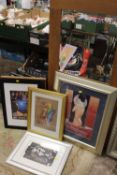 A COLLECTION OF MODERN PRINTS AND MIRRORS ETC. TO INCLUDE A MCCALL V BRUNO PRINT, OAK FRAMED