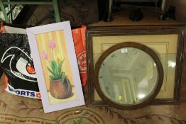 A COLLECTION OF PRINTS AND MIRRORS TO INCLUDE A CIRCULAR OAK FRAMED BEVEL EDGED MIRROR, DECOUPAGE