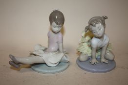 TWO LLADRO FIGURES OF YOUNG GIRLS IN FLORAL DRESSES - 6690 ROSY POSY AND 8574 ARRANGING FLOWERS