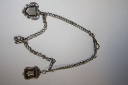 A HALLMARKED SILVER POCKET WATCH CHAIN WITH TWO HALLMARKED SILVER FOBS