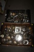 TWO TRAYS OF SILVER PLATED METALWARE ETC.