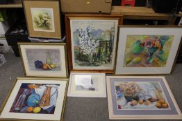 A COLLECTION OF STILL LIFE OIL PAINTINGS TO INCLUDE AN ABSTRACT PASTEL OF TABLE TOP SCENE SIGNED