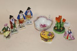 FIVE ANTIQUE HAND PAINTED CHELSEA SAMPSON STYLE FIGURES, WITH GOLD ANCHOR MARK, tallest H 9 cm AND A