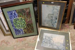 A COLLECTION OF PICTURES AND PRINTS TO INCLUDE AN ABSTRACT PAINTING OF A TREE, CRICKET INTEREST