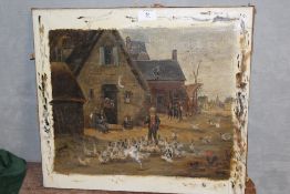 AN UNFRAMED ANTIQUE OIL ON CANVAS DEPICTING A FIGURE WITH GEESE IN A STREET SCENE INITIALLED JMV