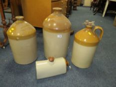 THREE STONEWARE FLAGONS - THE LARGEST 'J. WHITEHOUSE AND SON - WALSALL' H-52 CM AND A HOT WATER