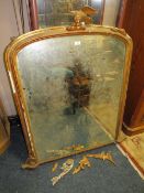 A 19TH CENTURY GILT ARCHED OVERMANTLE MIRROR WITH EAGLE SURMOUNT H-131 W-112 CM A/F