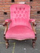A VICTORIAN MAHOGANY UPHOLSTERED OPEN ARMCHAIR
