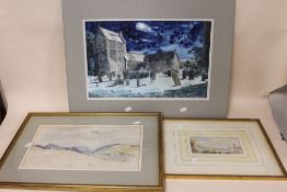 THREE ASSORTED WATERCOLOURS TO INCLUDE AN UNFRAMED MOONLIT CHURCHYARD SCENE