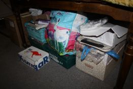 A LARGE QUANTITY OF TEXTILES, MOSTLY IN ORIGINAL PACKAGING TO INCLUDE A PAIR OF LEATHER BOOTS,