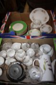 TWO TRAYS OF CERAMICS AND GLASSWARE TO INCLUDE COLCLOUGH AND PALISSY CHINA