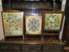 THREE VINTAGE OAK FRAMED TAPESTRY FIRE SCREEN ( ONE FOLDS UP )