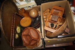 TWO BOXES OF ASSORTED TREEN TO INCLUDE TWIN HANDLED SERVING TRAYS AND FRUIT BOWL