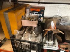 A SELECTION OF VARIOUS TOOLS, PIPE CLAMPS, MOTORCYCLE EXHAUST DOWN PIPES, YELLOW HARD CASE,