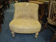 A MODERN UPHOLSTERED 'SCRIPT' CHAIR AND A WICKER HALF MOON TABLE (2)