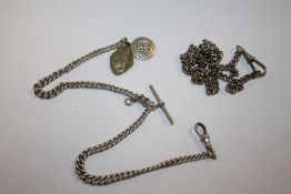 A HALLMARKED SILVER ALBERT POCKET WATCH CHAIN WITH FOBS, TOGETHER WITH ANOTHER