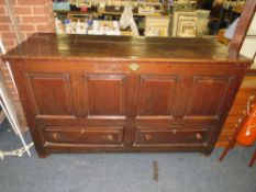 A LARGE 19TH CENTURY OAK FOUR PANEL MULE CHEST WITH CARVED 'C M ' INITIALS H-102 W-174 D-64 CM