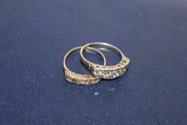 A LADIES 9 CT GOLD FIVE STONE RING TOGETHER WITH A SILVER EXAMPLE