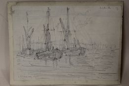 CIRCLE OF LAWRENCE STEPHEN LOWRY - AN UNFRAMED PENCIL SKETCH OF SAILBOATS AT SEA, SIZE H 18CM BY W