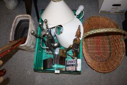 A BOX OF COLLECTABLES TO INCLUDE A CHROME EFFECT COMPANION SET, WICKER BASKET, WALKING STICKS ETC.