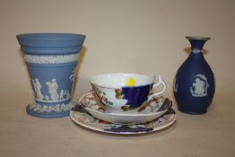 TWO WEDGWOOD JASPERWARE VASES, TOGETHER WITH A GAUDY WELSH CUP AND SAUCER TRIO