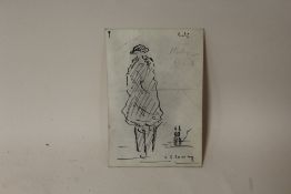 CIRCLE OF LAWRENCE STEPHEN LOWRY - A PEN AND INK DRAWING OF A FIGURE AND A CAT, H 15 CM BY W 10.4 CM