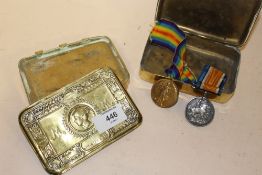 TWO WWI MEDALS AWARDED TO 112870 PTE. A. E. TAYLOR TANK CORPS. TOGETHER WITH TWO BRASS 1914