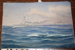(XX) Naval scene with battleships and submarine, signed with monogram lower right, watercolour,
