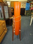 A RETRO TEAK FLOORSTANDING LAMP - THIS PLASTIC FUNNEL IS BADLY CRACKED IN TWO PLACES