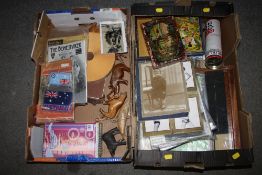 TWO TRAYS OF COLLECTABLES TO INCLUDE A SMALL DISPLAY CABINET AUSTRALIAN MILITARY ARM BAND, WOODEN