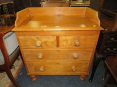 A SMALL PINE TRAY TOP CHEST OF FOR DRAWERS ON BUNS FEET H-94 W-85 D-48 CM
