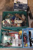 TWO TRAYS OF MIXED PARTS ETC TO INCLUDE A BENCH GRINDER AND A BOSCH DRILL ETC