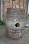 A LARGE METAL BANDED VINTAGE WOODEN BARREL, H 63.5 CM