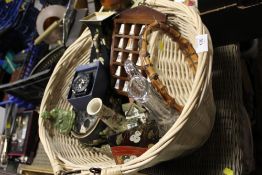 A WICKER BASKET OF COLLECTABLES TOGETHER WITH AN ORIENTAL HAND PAINTED TEA SET