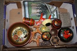 A COLLECTION OF LACQUER WARE TRINKET BOXES, INDIAN INLAID BOX ETC.