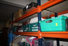 A LARGE COLLECTION OF TEXTILES AND CLOTHING TOGETHER WITH STORAGE BOXES, BED LINEN AND SHOES (