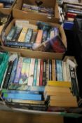 TWO BOXES OF SCIENCE FICTION AND FANTASY PAPERBACK BOOKS TO INCLUDE ARTHUR C. CLARKE AND ANNE