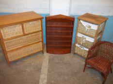 FOUR PIECES OF SMALL FURNITURE TO INCLUDE TWO WICKER CHESTS OF DRAWERS, A SMALL WICKER CHAIR AND A