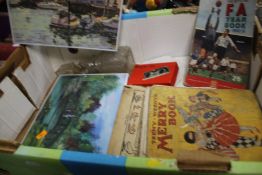 A TRAY OF TWO UNOPENED 1000 PIECE JIGSAWS, VINTAGE BOOKS, BOXED POCKET BINOCULARS AND GLASSWARE