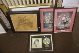 A QUANTITY OF PICTURES AND PRINTS TO INCLUDE A FRAMED CLIFF RICHARD RECORD