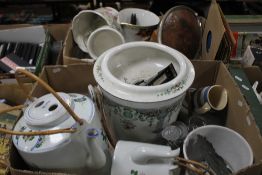 TWO TRAYS OF PLANTERS, JUGS, TEAPOTS ETC. TOGETHER WITH ABOUT 15 78 RECORDS (TRAYS NOT INCLUDED)