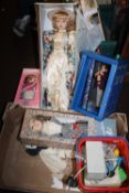 A COLLECTION OF PORCELAIN HEADED DOLLS, A DR WHO POLICE PHONE BOX A/F ETC.