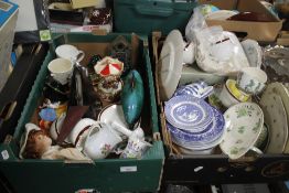 TWO TRAYS OF ORNAMENTS AND CHINA TO INCLUDE FAIRGROUND RIDE, DOLPHIN, TEA & DINNERWARE, METRONOME,