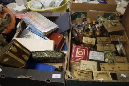 TWO TRAYS OF CIRCA 20 CLOCKS BRASS, DARTS, CHILD'S BAGATELLE, CASED SET OF SPOONS, DOMINOES ETC.