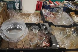 FOUR TRAYS OF GLASSWARE MAINLY PRESSED GLASS
