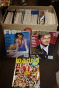 A BOX OF MAGAZINES TO INCLUDE FHM, LOADED, ESQUIRE, ARENA, GQ ETC. (50+)
