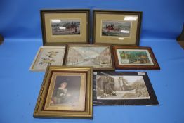 A BOX OF FRAMES, PICTURES AND PRINTS TO INCLUDE TWO SILK EXAMPLES