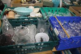 THREE TRAYS OF GLASSWARE (CUT GLASS AND PRESSED GLASS) AND A TRAY OF CERAMICS (TRAYS NOT INCLUDED)