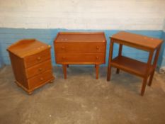 THREE SMALL PIECES OF FURNITURE COMPRISING TEAK RETRO TWO DRAWER CHEST OF DRAWERS, A TEAK RETRO SIDE